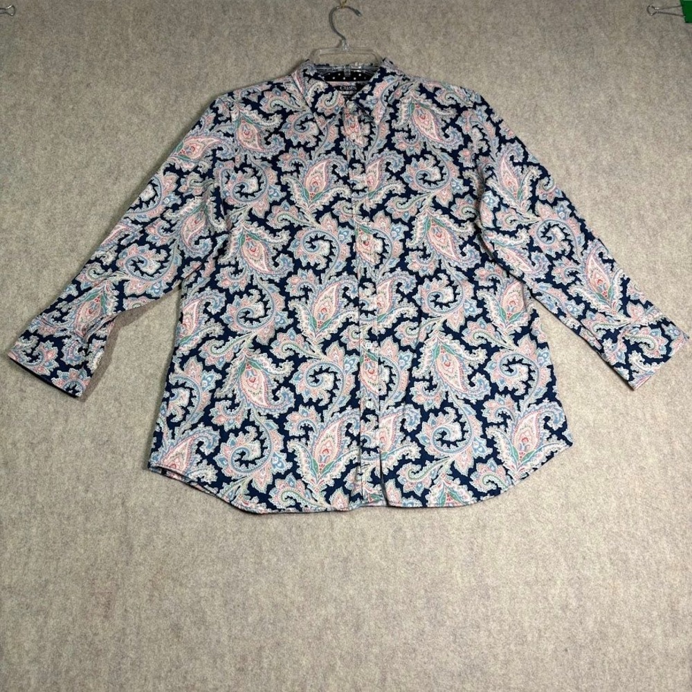 Chaps Paisley Shirt Womens Large Blue Cotton No Iron Button Up Boho Classic Top